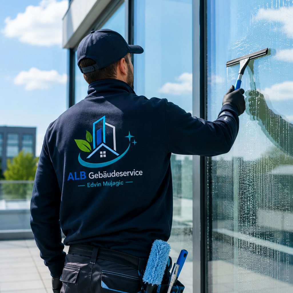 Fensterreinigung in Albstadt und Umgebung Fensterreiniger in Uniform säubert Glasfassade eines modernen Gebäudes.
