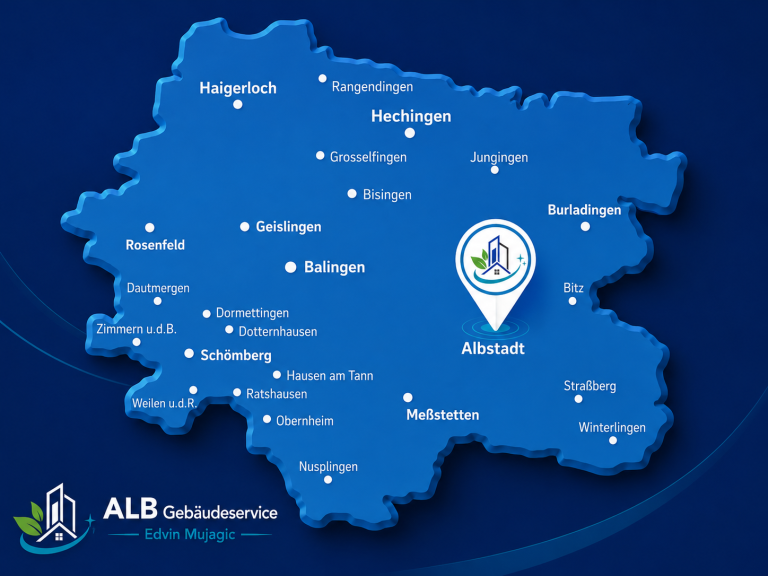 Reinigung in Albstadt und Umgebung Karte von Deutschland mit markierten Städten und dem Logo der ALB GmbH.