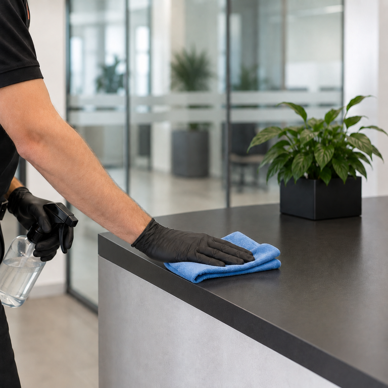 Büroreinigung in Albstadt Eine Person reinigt mit einem Tuch eine Büromesse in einem modernen Büro.
